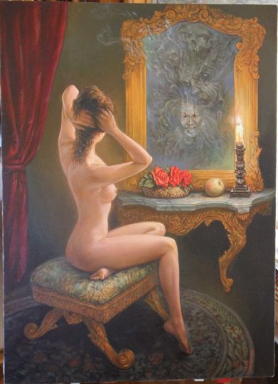 Картина под названием "Woman at the mirror" - Gennadiy Protsko, Подлинное произведение искусства, Масло