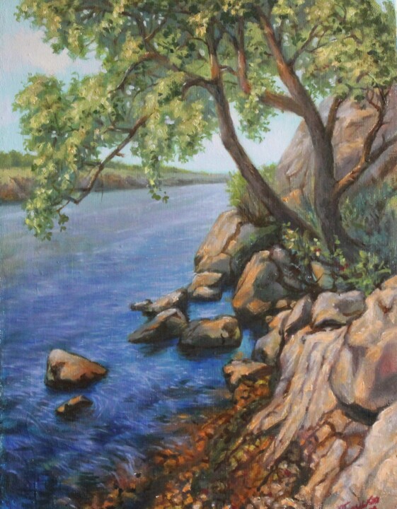 Painting titled "Dnepr River" by Gennadiy Protsko, Original Artwork, Oil