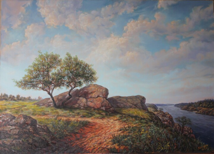 Pintura intitulada "view of the old dni…" por Gennadiy Protsko, Obras de arte originais, Óleo