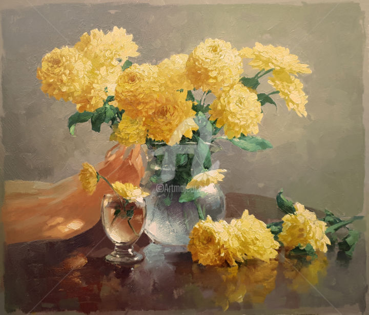 Painting titled "Yellow chrysanthemum" by Yuri Pryadko, Original Artwork, Oil