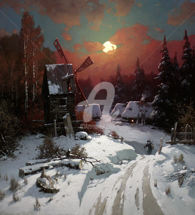 Schilderij getiteld "Moonlight Winter Ni…" door Yuri Pryadko, Origineel Kunstwerk, Olie