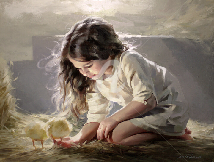 Painting titled "Girl with Chickens" by Yuri Pryadko, Original Artwork, Oil