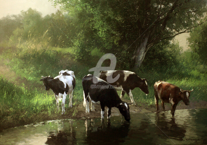 Pittura intitolato "Return of the Herd" da Yuri Pryadko, Opera d'arte originale, Olio
