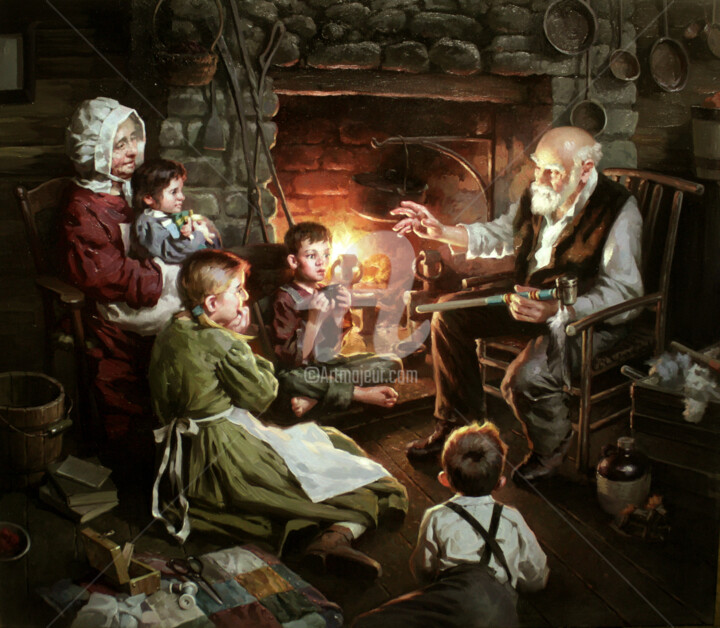 Pintura titulada "By the Fireplace" por Yuri Pryadko, Obra de arte original, Oleo