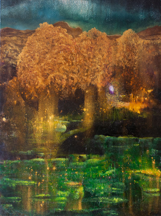 「Fireflies at the Au…」というタイトルの絵画 Przemek Kretによって, オリジナルのアートワーク, オイル