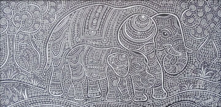 图画 标题为“Elephant & Baby” 由Purushottam Suryakant Agashe, 原创艺术品, 墨 安装在纸板上