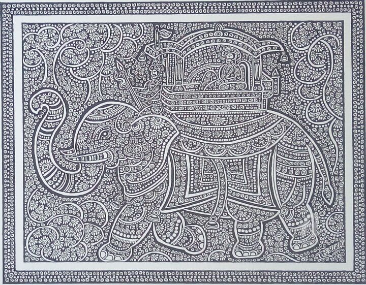 Drawing titled "The King & Elephant" by Purushottam Suryakant Agashe, Original Artwork, Ink Mounted on Cardboard