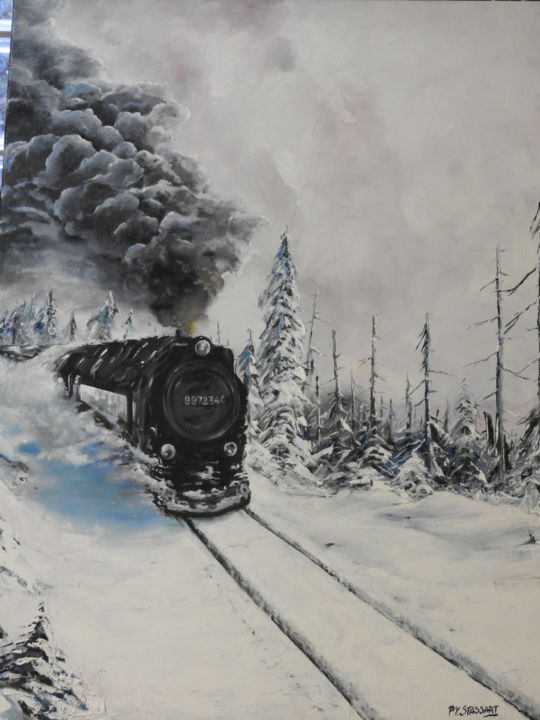 Painting titled "Train des neiges" by Pierre-Yves Stassart, Original Artwork, Oil