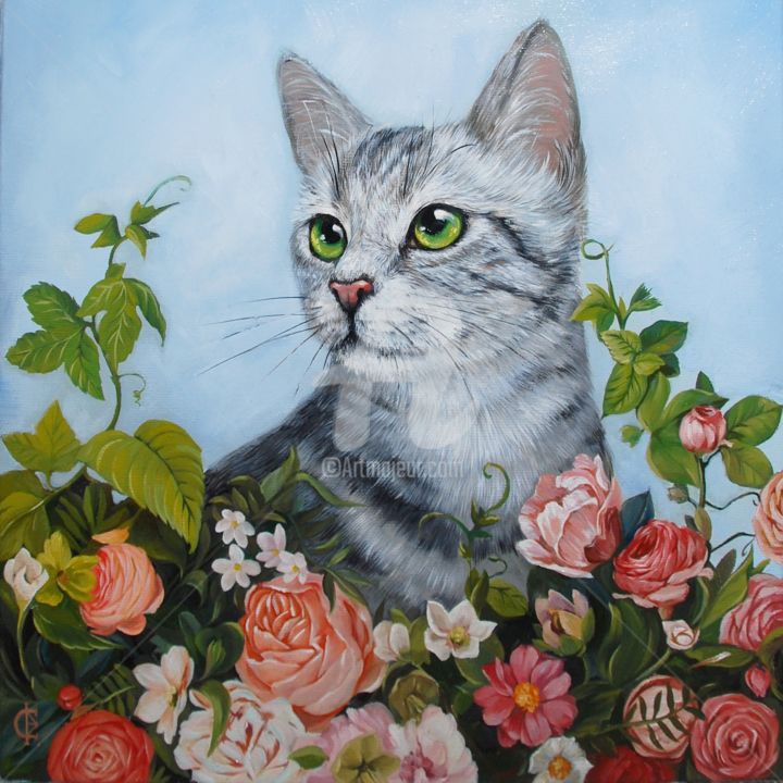 Картина под названием "кот в цветочном саду" - Евгения Филиппова, Подлинное произведение искусства, Масло Установлен на Дере…