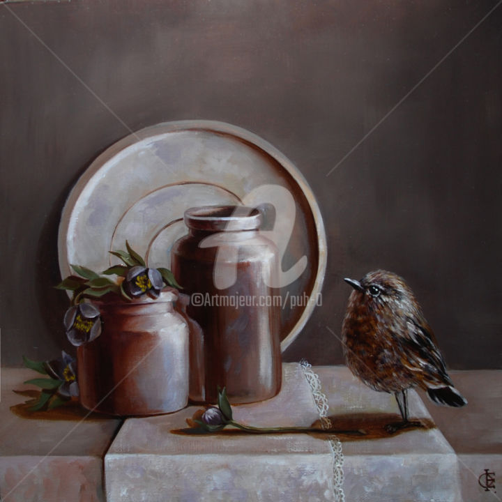 Картина под названием "натюрморт с птичкой" - Евгения Филиппова, Подлинное произведение искусства, Масло Установлен на Дерев…