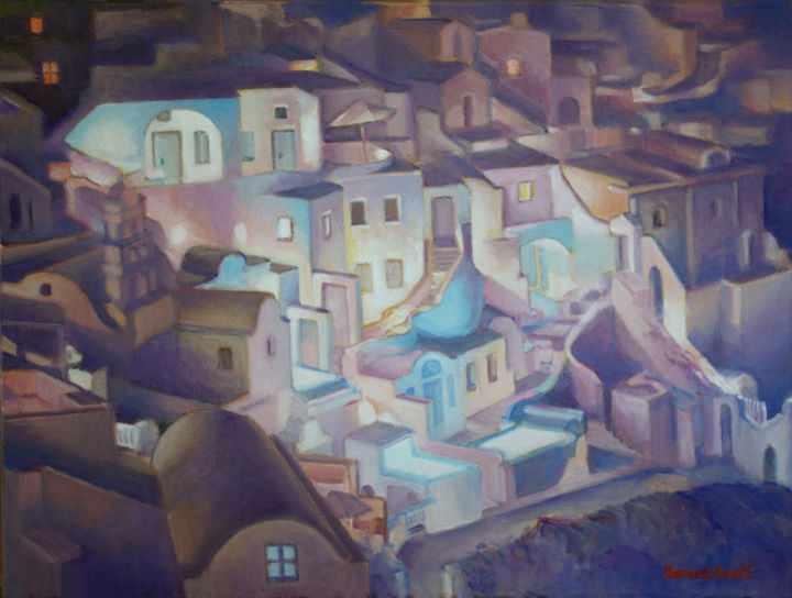 Pintura titulada "Santorini at Night" por Daniela Viecelli Ianculescu, Obra de arte original, Acrílico Montado en Bastidor d…