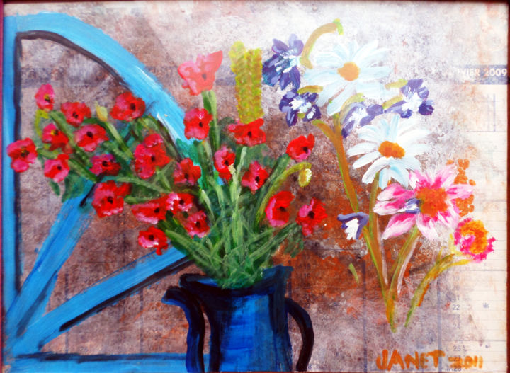 Peinture intitulée "pot bleu et roue" par Janet Delhostal, Œuvre d'art originale, Acrylique Monté sur Verre