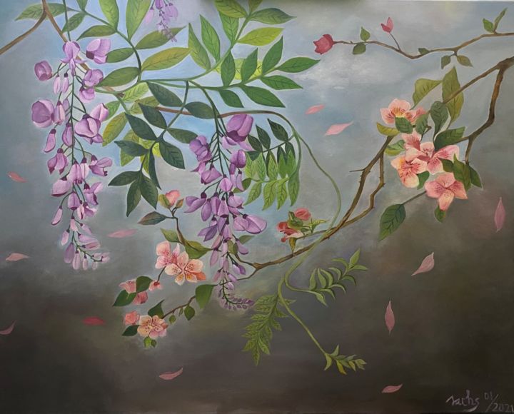Peinture intitulée "jardin suspendu" par Sacha, Œuvre d'art originale, Huile