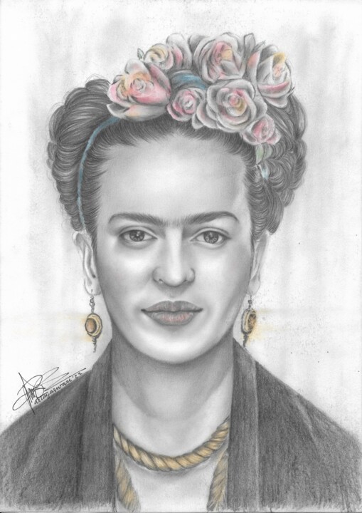 Dessin intitulée "Portrait of Frida K…" par Putu D. Sachslehner (ARTNYASWARI), Œuvre d'art originale, Graphite