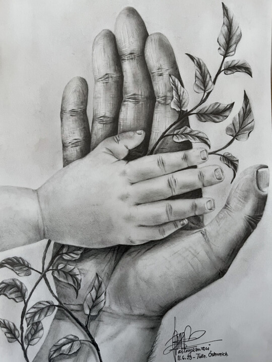 图画 标题为“His Hand, My Save P…” 由Putu D. Sachslehner (ARTNYASWARI), 原创艺术品, 石墨