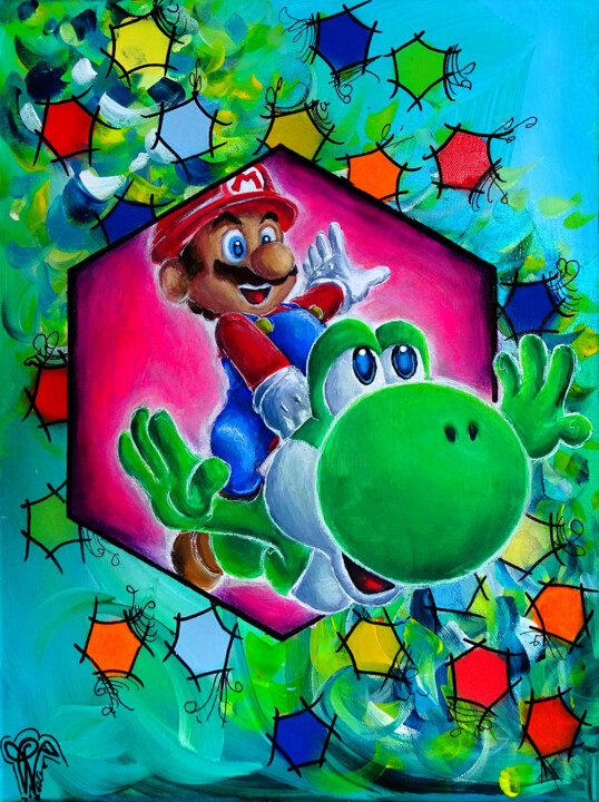 Tableau Pop Art Mario Yoshi Multicolore , Painting by