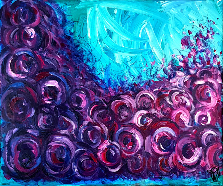 Картина под названием "Tableau Fleurs Pein…" - Pvettese, Подлинное произведение искусства, Акрил Установлен на Деревянная ра…