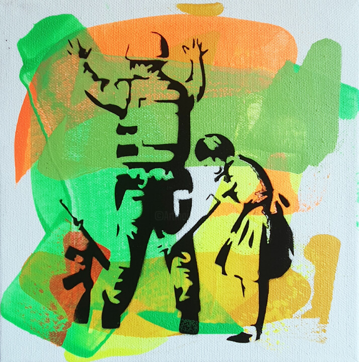 Painting titled "PyB military & girl…" by Pyb, Original Artwork, Acrylic Mounted on Wood Stretcher frame