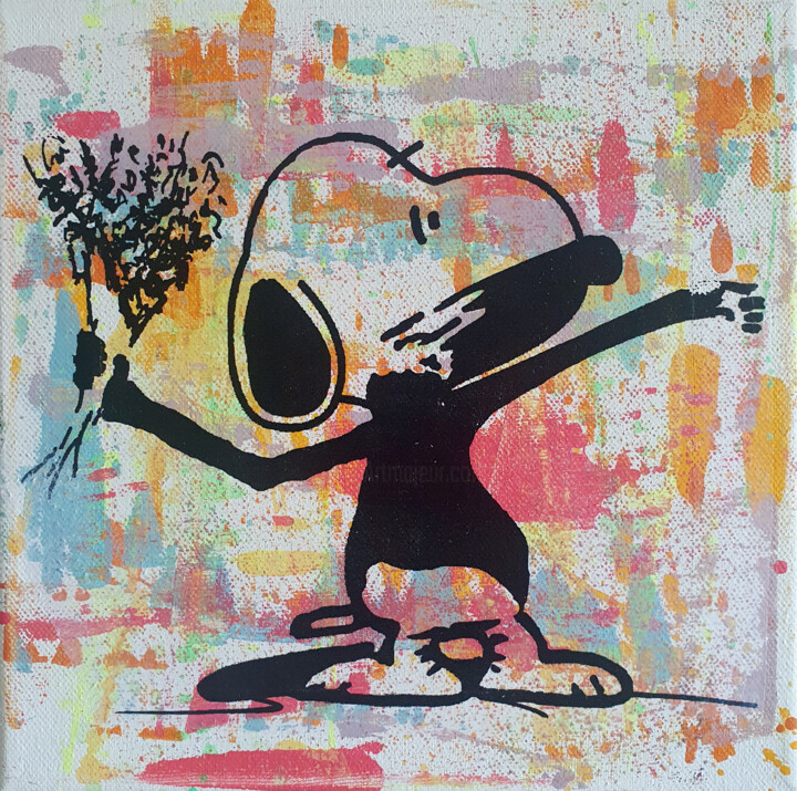 Painting titled "PyB Snoopy Banksy f…" by Pyb, Original Artwork, Acrylic Mounted on Wood Stretcher frame