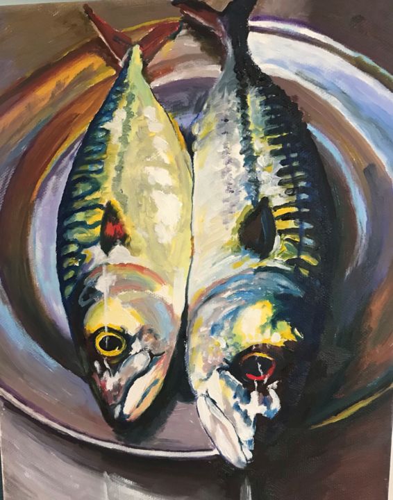 Schilderij getiteld "Mackerel on copper" door Steven Pynn, Origineel Kunstwerk, Olie