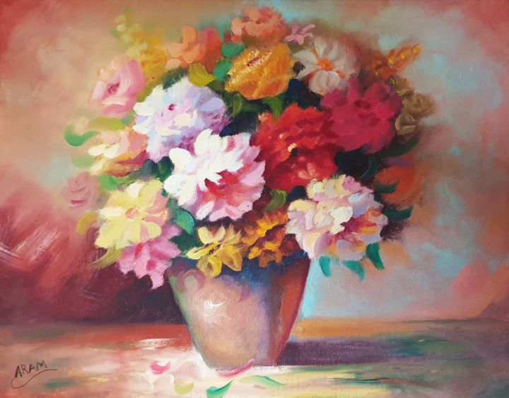 Painting titled "Les roses" by Aram Qas, Original Artwork, Oil