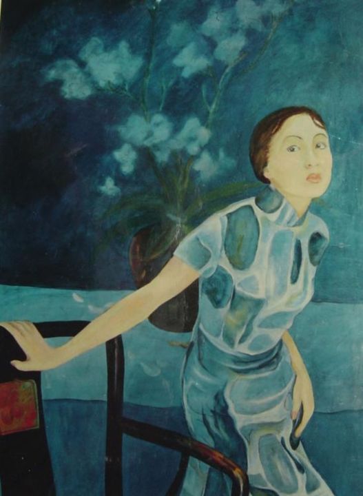 Painting titled "bleu" by Guoyan Qi, Original Artwork