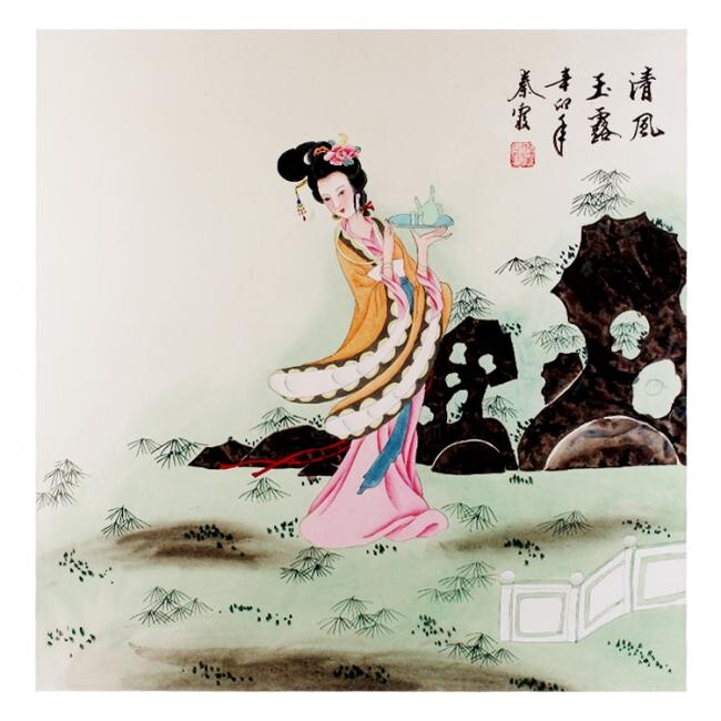 Painting titled "Tea Sending" by Qin, Original Artwork, Oil