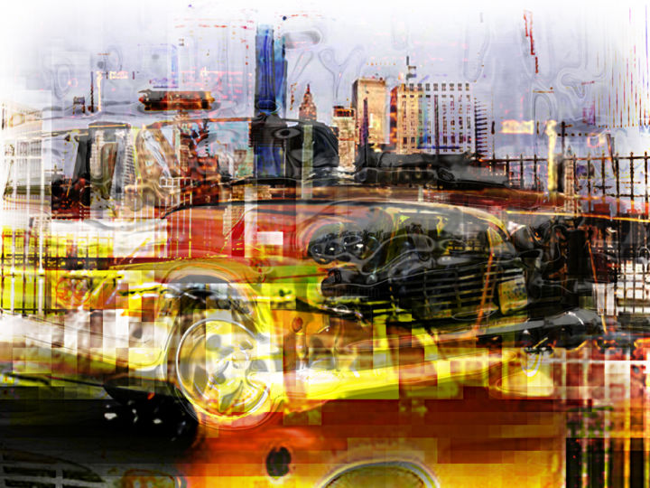 Digital Arts titled "NYC Cab Vintage" by Qinart, Original Artwork, Digital Painting