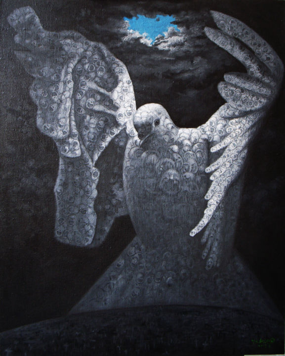 Painting titled "the-peace-dove-size…" by Qiuchi Chen, Original Artwork, Oil