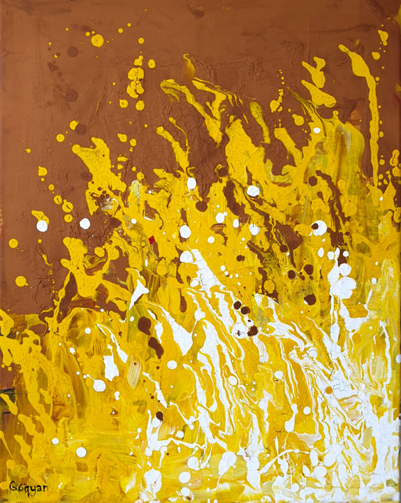 Painting titled "Brun avec jaune" by Qoqyan, Original Artwork, Acrylic Mounted on Wood Stretcher frame