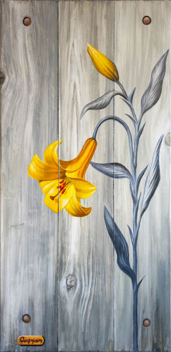 Painting titled "lys jaune" by Qoqyan, Original Artwork, Oil Mounted on Wood Stretcher frame