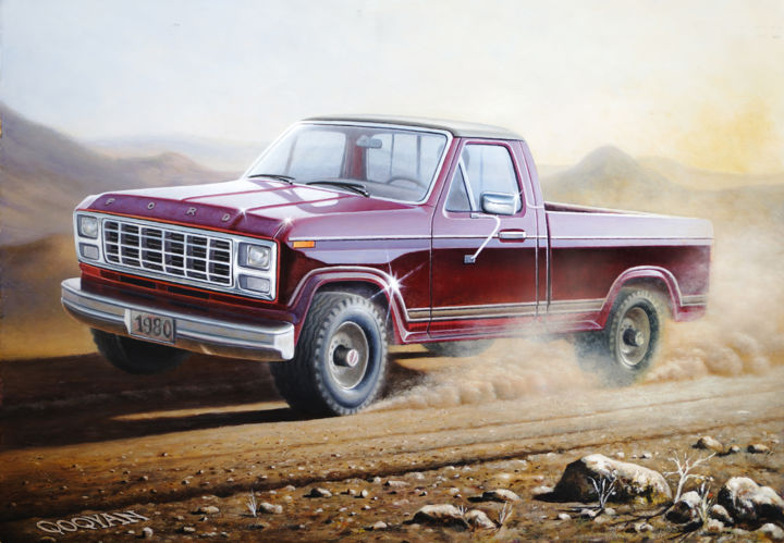 Painting titled "Ford 1980" by Qoqyan, Original Artwork, Oil Mounted on Wood Panel