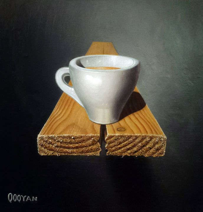 Painting titled "Tasse à café" by Qoqyan, Original Artwork, Oil Mounted on Wood Stretcher frame