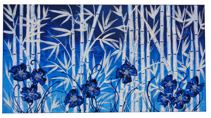 Schilderij getiteld "bambu-e-fiori-blu-m…" door Gartem Original, Origineel Kunstwerk