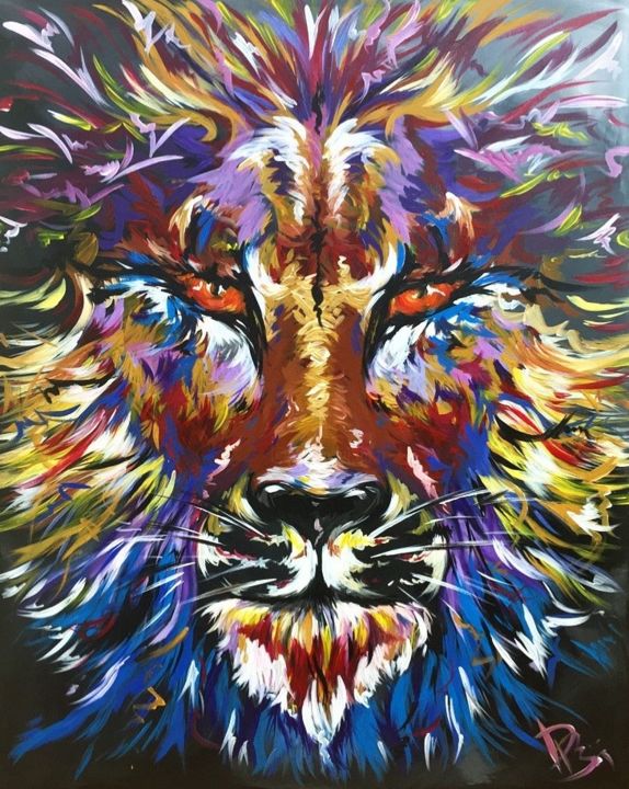 Painting titled "The King Of Savannah" by Dominika Bartková, Original Artwork, Acrylic Mounted on Wood Stretcher frame