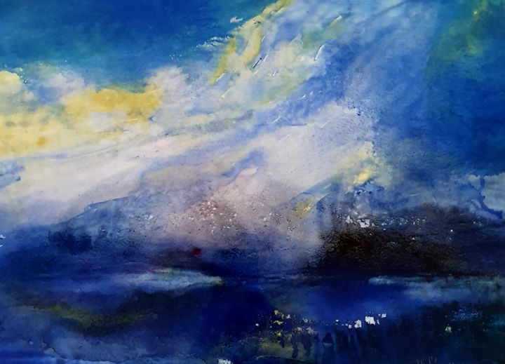 Schilderij getiteld "Seascape  blue" door Michele Quence, Origineel Kunstwerk, Aquarel