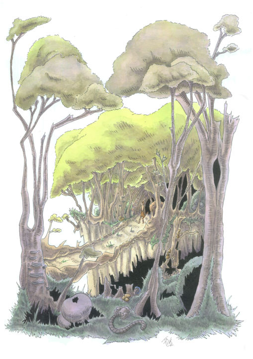 Painting titled "Forêt perdue 2" by Fink, Original Artwork, Watercolor
