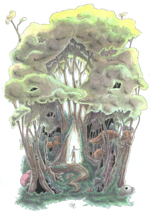 Painting titled "Forêt perdue 3" by Fink, Original Artwork, Watercolor