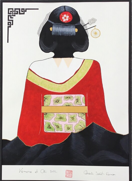 Painting titled "Kimono et Obi 8" by Quentin Saint Roman, Original Artwork, Acrylic