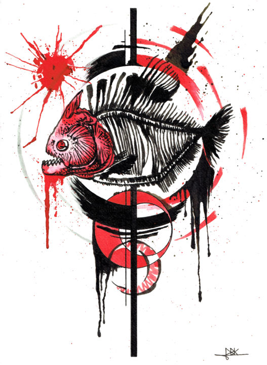 Painting titled "Piranhia" by Quentin Dbk, Original Artwork, Watercolor