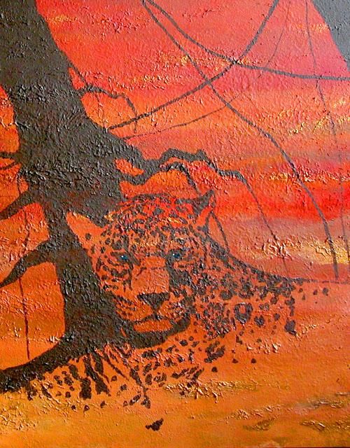 Картина под названием "Sunset Jaguar" - Clifford Vanmeter, Подлинное произведение искусства, Масло