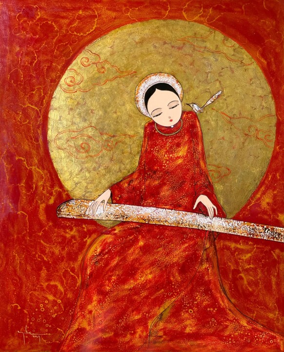 Pintura intitulada "Hoang Nguyệt ("Gold…" por Quoc Son Nguyen, Obras de arte originais, Laca