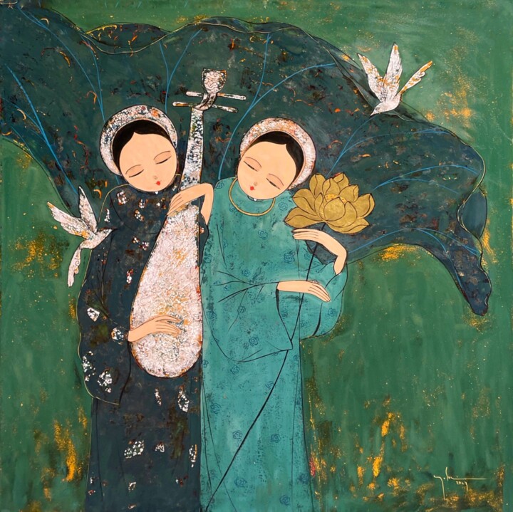Painting titled "Ngày mộng xanh ("Th…" by Quoc Son Nguyen, Original Artwork, Lacquer