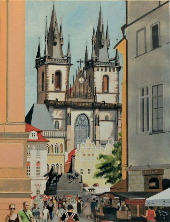 Painting titled "N° 1096 Prague 1. P…" by R. Cavalié, Original Artwork, Oil Mounted on Wood Stretcher frame