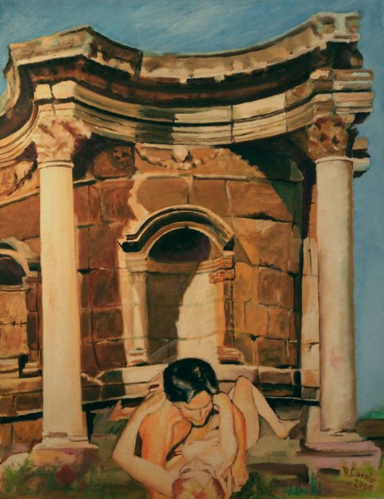 Painting titled "N°108 Baalbek Templ…" by R. Cavalié, Original Artwork, Oil Mounted on Wood Stretcher frame
