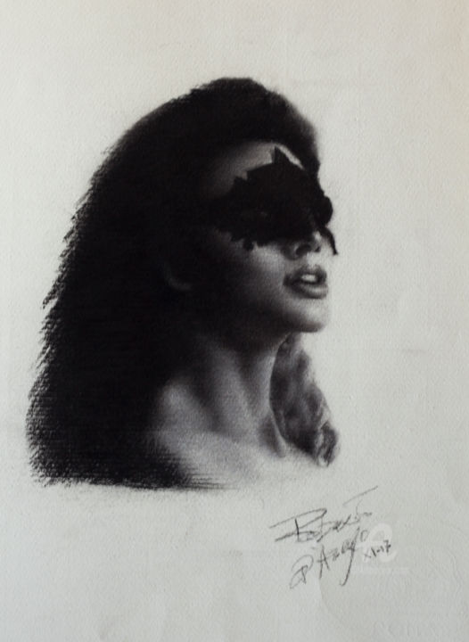 Disegno intitolato "Donna con maschera" da Roberto D'Arienzo, Opera d'arte originale, Carbone