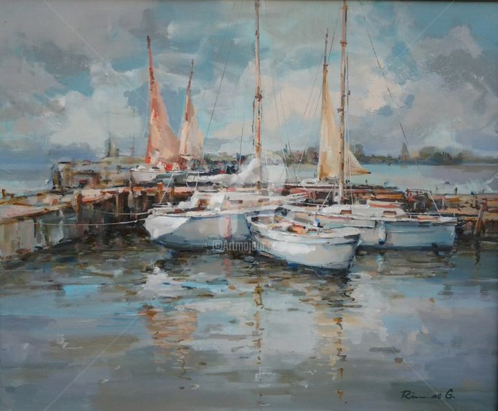 Peinture intitulée "Harbor" par Rimantas Galeckas, Œuvre d'art originale, Huile