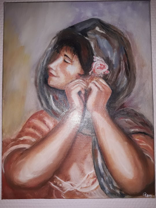 Painting titled "Femme à la boucle d…" by Ren, Original Artwork, Oil