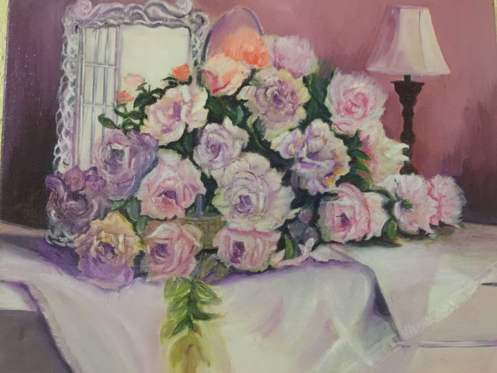 Peinture intitulée "Roses et miroir" par Ren, Œuvre d'art originale, Huile