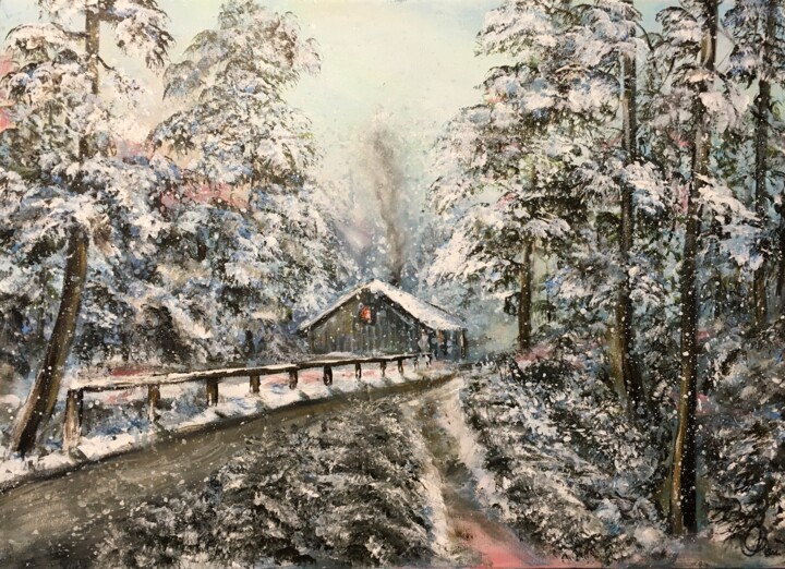 Pittura intitolato ""Der erste Schnee"." da Roman Koshmanov, Opera d'arte originale, Acrilico